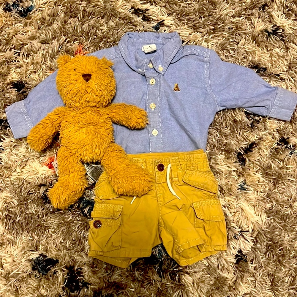 3-6 months Gap chambray button up and tan gap cargo shorts also 3-6 months